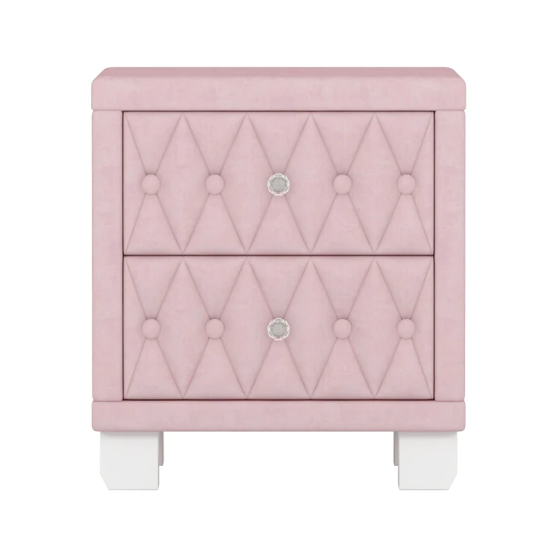 Elegant Velvet Nightstand with 2 Drawers and Crystal Handles, Soft Pink Beside Table with MDF and Storage Table, 18'' L x 18'' W x 20'' H, Pink