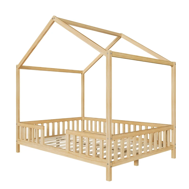 Full-Size Montessori Floor Bed with High Guard Railings, Natural Finish Bed Frame for Kid-Friendly Room, 78.5'' L x 56.5'' W x 78'' H, Natural