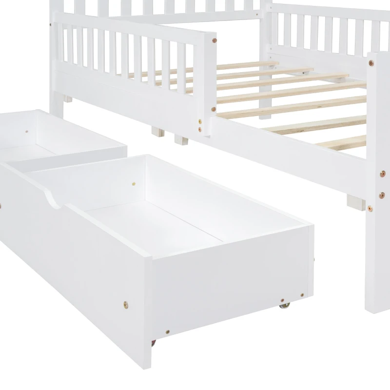Twin Wood Platform Bed with 2 Under-Bed Storage Drawers, Solid Bed Frame for Children or Restless Sleepers, 77.5'' L x 42'' W x 34.5'' H, White