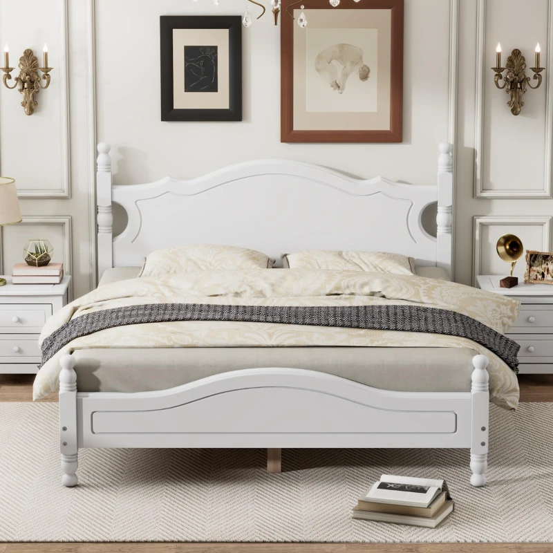 Queen Size Wood Platform Bed with Retro Headboard and 10 Slats, White Wood-Finished Bed Frame with Plywood, 85'' L x 62.5'' W x 39.5'' H, White