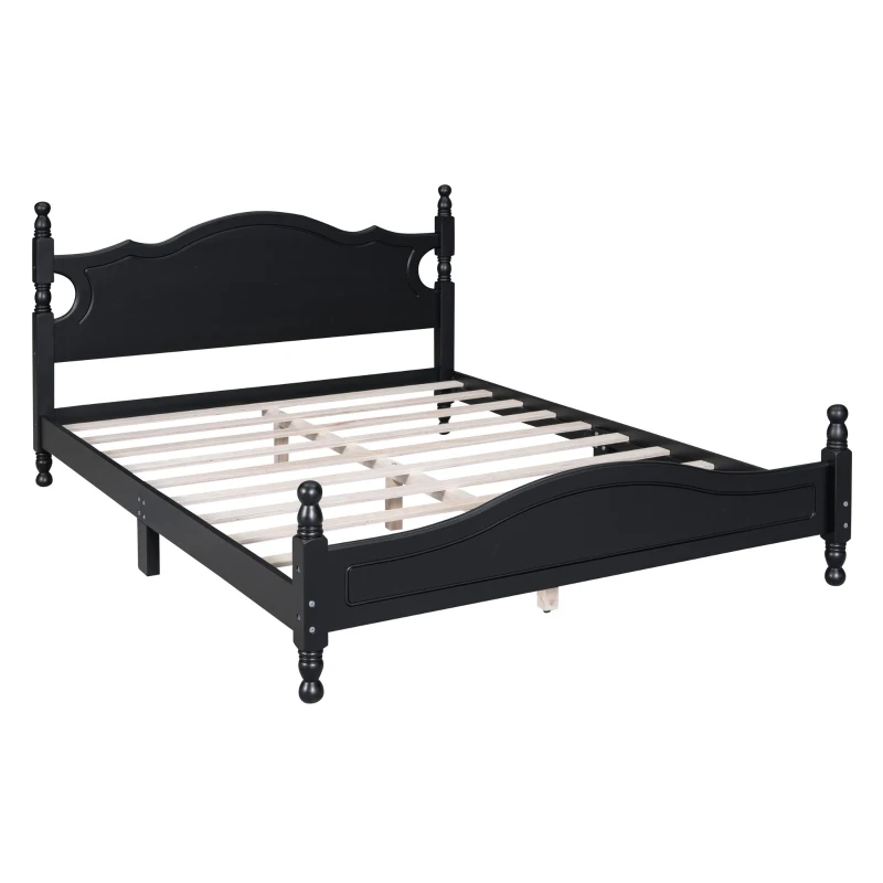 Queen Size Platform Bed with Retro Headboard and 10 Plywood Slats, Durable Bed Frame with Plywood Construction, 85'' L x 62.5'' W x 39.5'' H, Black