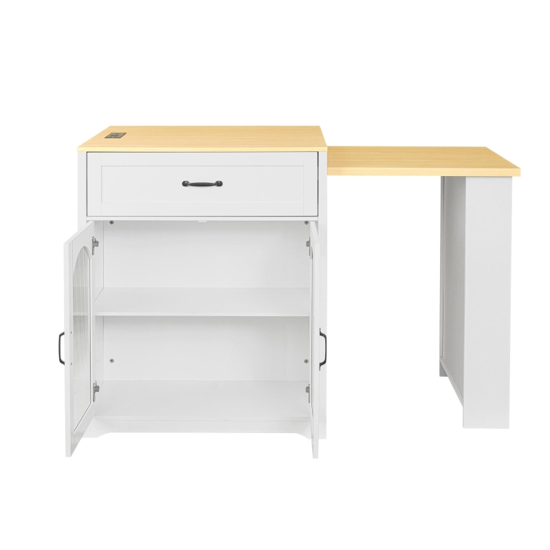 Practical Bar Table with Extendable Rolling Foldable Top, Solid Kitchen Island with Double-Sided Drawers, 82.5" L x 27.5" W x 38.5" H, White+Natural