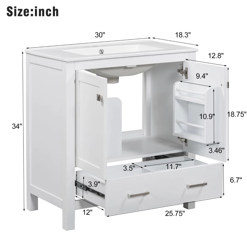 30" Bathroom Vanity with Single Sink, Solid Wood Frame, Multifunctional Storage Cabinet with Soft-Close Doors, 30" L x 18.5" W x 34" H, White