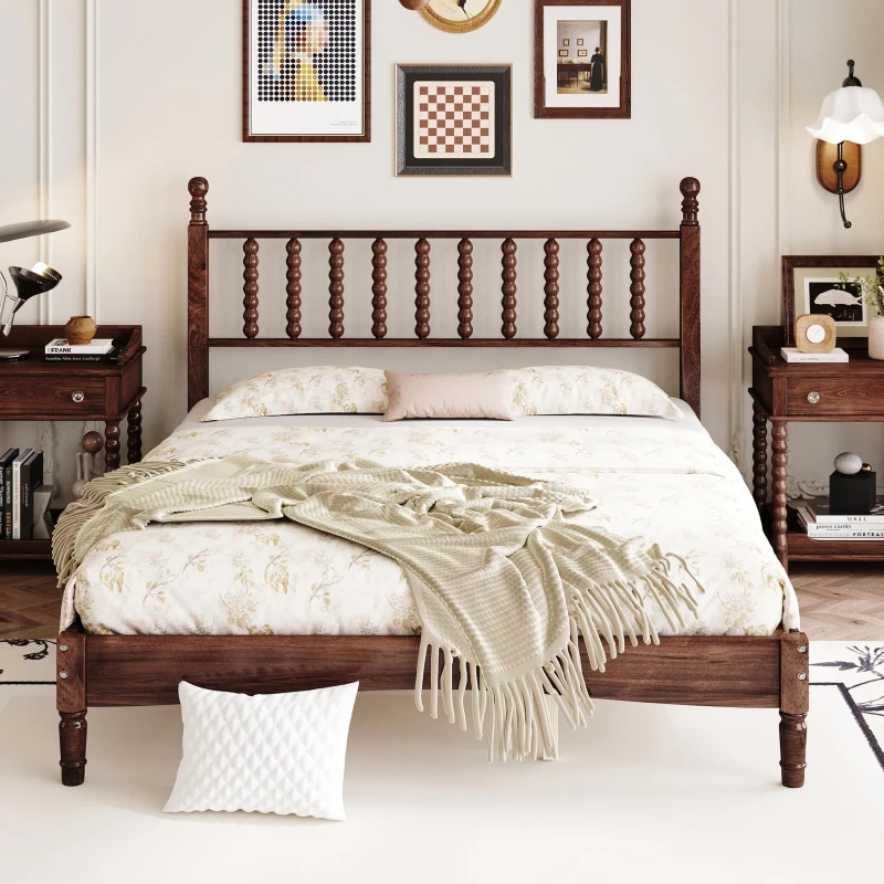 Queen Size Wooden Platform Bed with Gourd-Shaped Headboard, Retro-Inspired Bed Frame for Eclectic Décor, 84.5'' L x 63.5'' W x 45'' H, Walnut