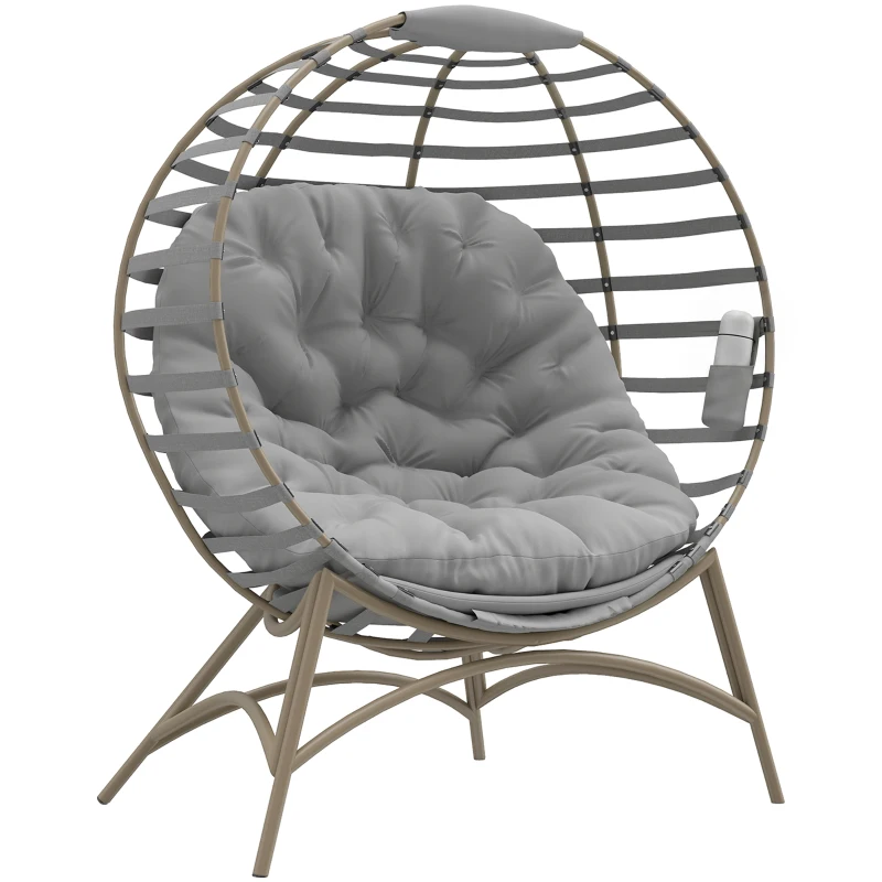 Outsunny Egg Chair, Patio Lounge Chair, Foldable Basket Chair with Large Seat Cushion, Side Pocket, Light Grey