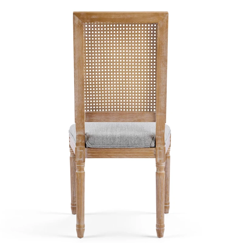 Set for 2 Dining Chair with Rectangular Cane Backrest and Padded Seat, Cane Back Dining Chairs with Fluted Legs, 20'' L x 22'' W x 39.5'' H, Light Grey
