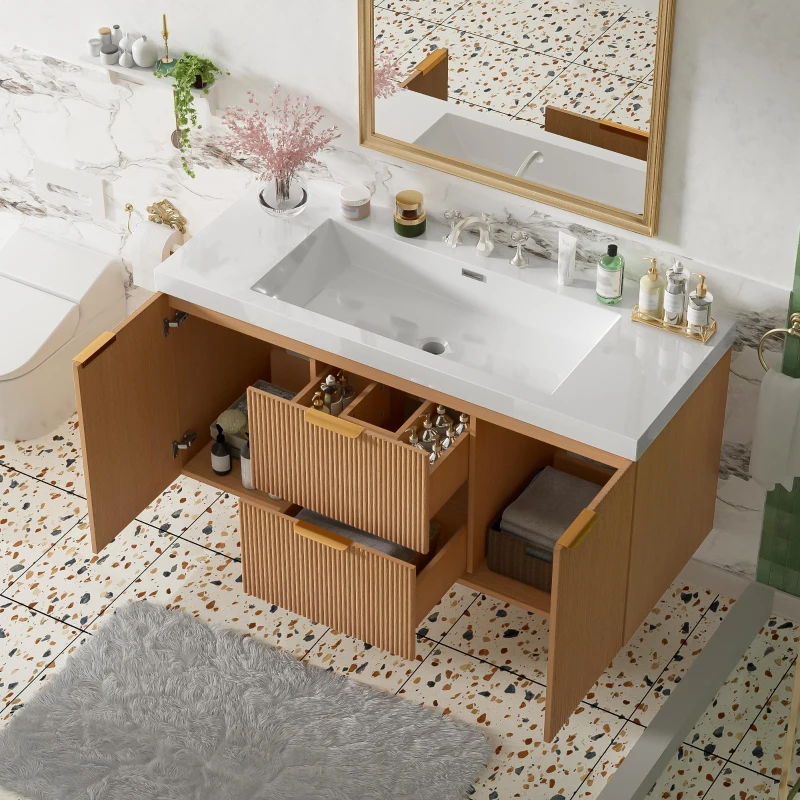Single Sink Wall-Mounted Bathroom Vanity with SMC Top, Stylish Bathroom Cabinet with U-Shaped Drawers, 47'' L x 19.5'' W x 23.5'' H, Wood
