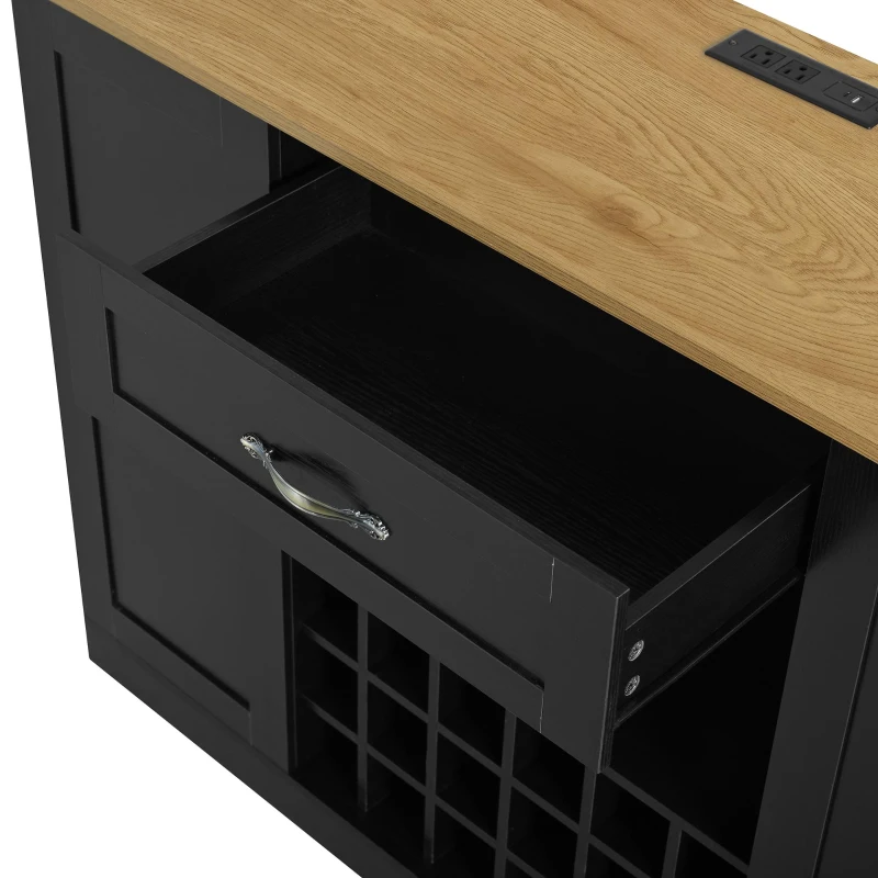 Modern Wine Bar Cabinet with Built-In Power Outlet, Versatile Sideboard with Adjustable Shelves, 47" L x 15.5" W x 34" H, Black+Natural