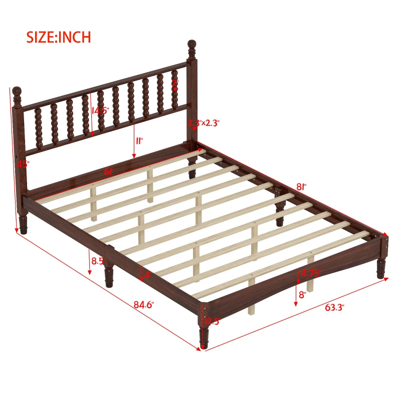 Queen Size Wooden Platform Bed with Gourd-Shaped Headboard, Retro-Inspired Bed Frame for Eclectic Décor, 84.5'' L x 63.5'' W x 45'' H, Walnut