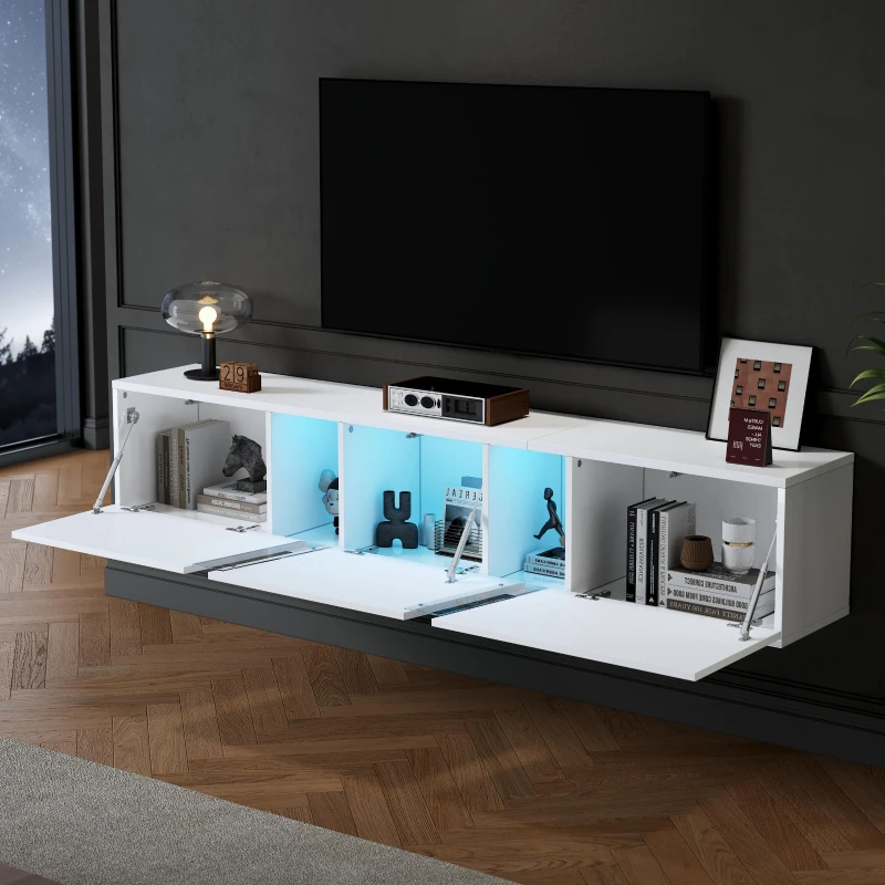 Wall-Mounted TV Stand with App-Controlled LED, Space-Saving TV Cabinet with Translucent Acrylic Panel, 65" L x 13.5" W x 12" H, White