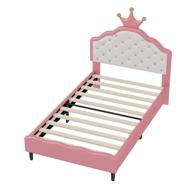 Twin Princess Platform Bed with Crown-Shaped Tufted Headboard, Crown Fantasy Bed Frame with Plywood Frame, 77.5'' L x 41'' W x 48.5'' H, Pink