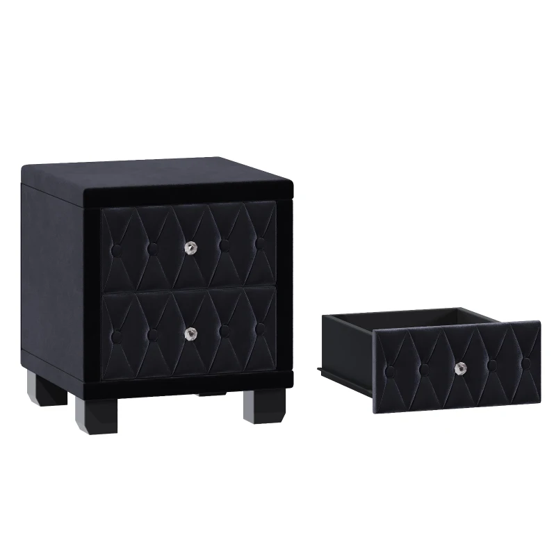 Velvet Nightstand with 2 Roomy Drawers and Crystal Handles, Solid Beside Table for Condos and City Homes, 18'' L x 18'' W x 20'' H, Black
