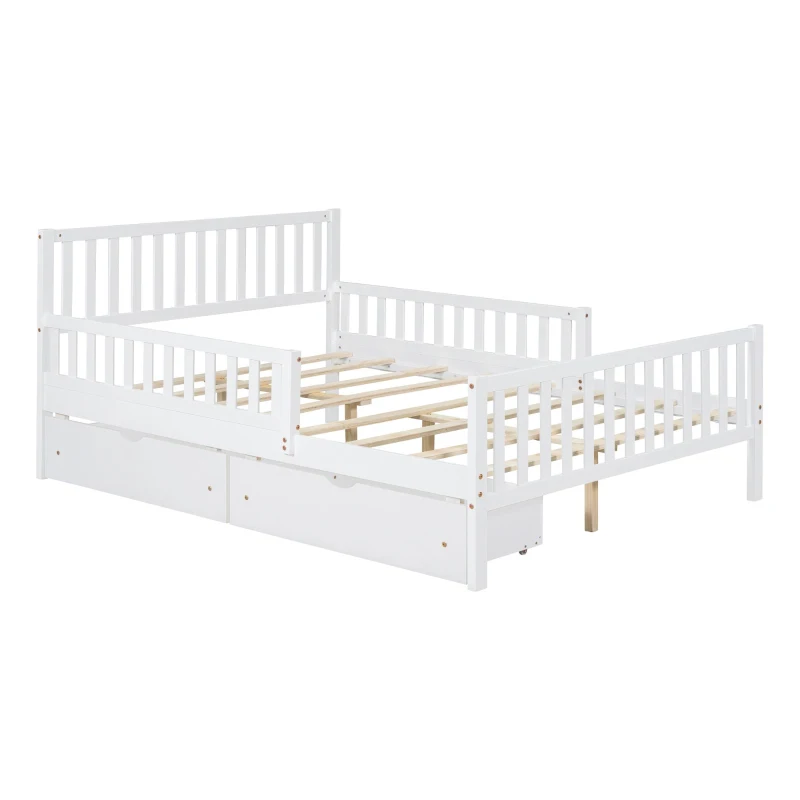 Full Size Wood Platform Bed with 2 Under-Bed Storage Drawers, Solid Bed Frame with Guardrails on Both Sides, 77.5'' L x 57.5'' W x 34.5'' H, White