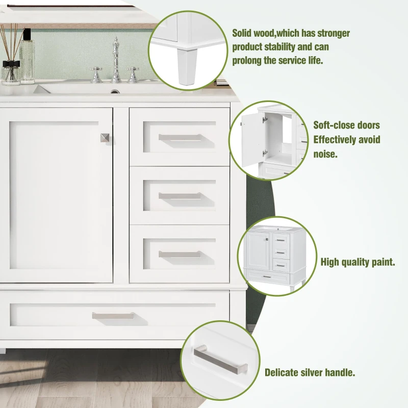 Modern Bathroom Vanity with Sink Combo, Solid Wood Frame, Cabinet with Soft-Close Door and 3 Drawers, 30" L x 18" W x 34" H, White