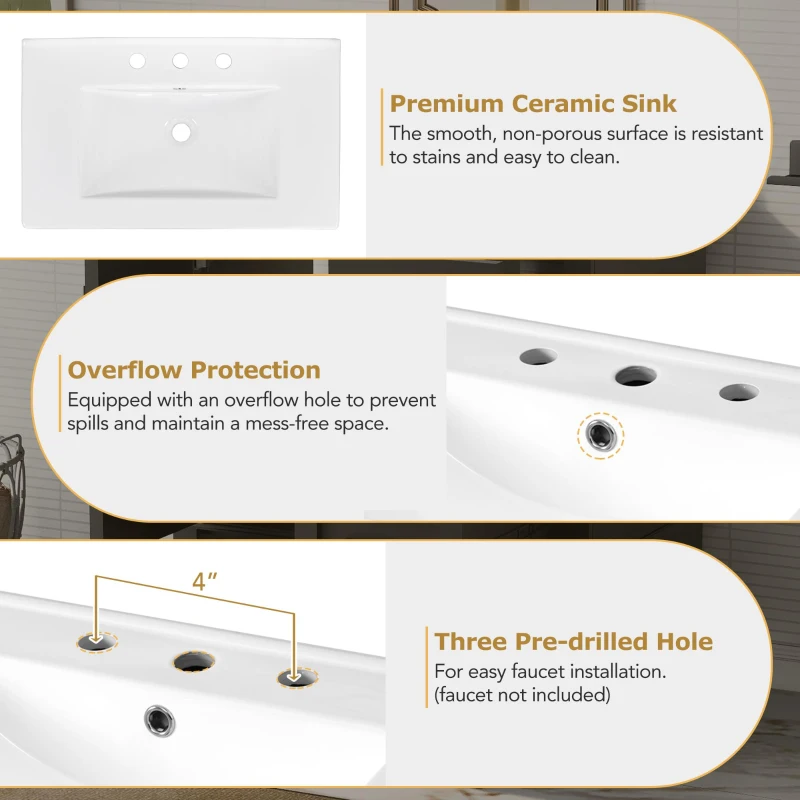 Modern Bathroom Vanity Sink Combo with Solid Wood Frame, Free-Standing Cabinet for Contemporary Bathrooms, 30'' L x 18.5'' W x 34'' H, Black