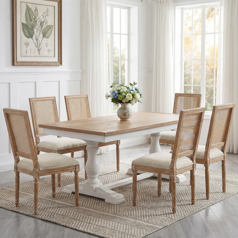 Set of 2 Dining Chairs with Rectangular Cane Backrest and Fluted Legs, Vintage Dining Seating with Rubberwood Frame, 20'' L x 22'' W x 39.5'' H, Beige