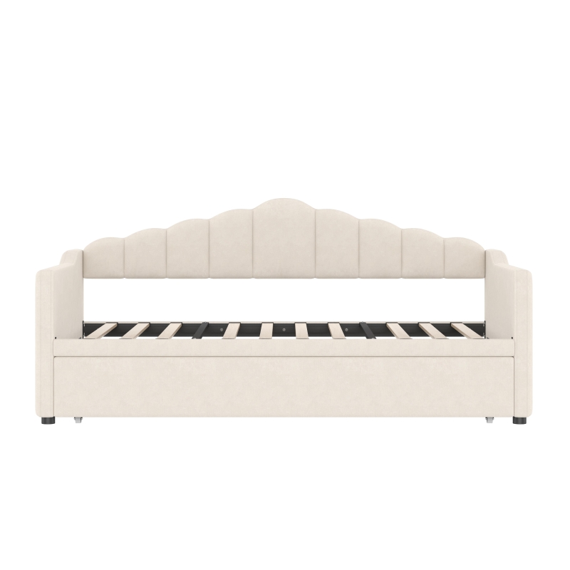 Upholstered Twin Size Daybed with Height-Adjustable Pop-Up Trundle, Lift-Up Trundle Bed with Type-C Charging Port, 82.5'' L x 41'' W x 40'' H, Beige