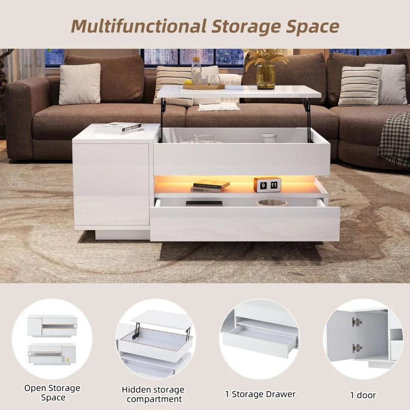 Height-Adjustable Coffee Table with App-Controlled RGB LED Lighting, Modern Center Table with Hidden Storage, 37.5" L x 19.5" W x 15.5" H, White