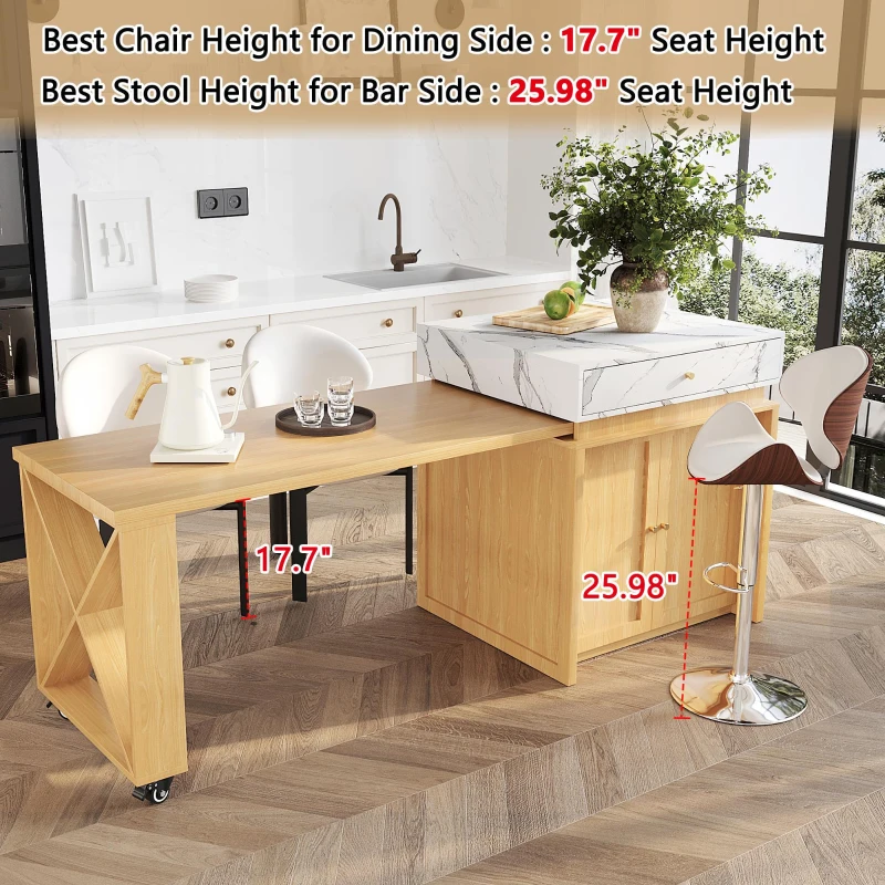 Modern Bar Table with 4-in-1 Extendable Pull-Out Table and Lockable Wheels, Kitchen Island with Adjustable Shelf, 82.5" L x 32.5" W x 28" H, White