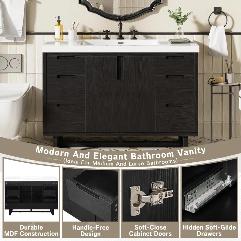 Stylish Bathroom Vanity with 2 Doors & 6 Hidden Soft-Close Drawers, Elegant Vanity Cabinet with SMC Resin Sink, 47'' L x 19.5'' W x 34'' H, Black