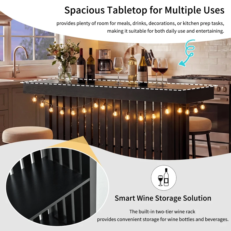 3-In-1 Dining Table with Marble-Grain MDF Top, Space-Saving Bar Table with Metal Footrest, 63" L x 15.5" W x 41" H, Black