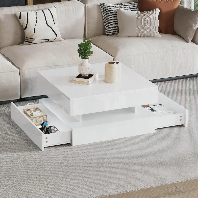 Lift-Top Coffee Table with App-Controlled LED Lighting and Liftable Top, Compact Center Table with 2 Drawers, 25.5" L x 25.5" W x 15" H, White