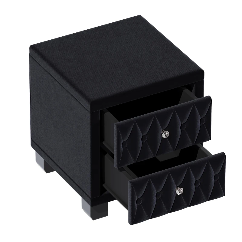 Velvet Nightstand with 2 Roomy Drawers and Crystal Handles, Solid Beside Table for Condos and City Homes, 18'' L x 18'' W x 20'' H, Black
