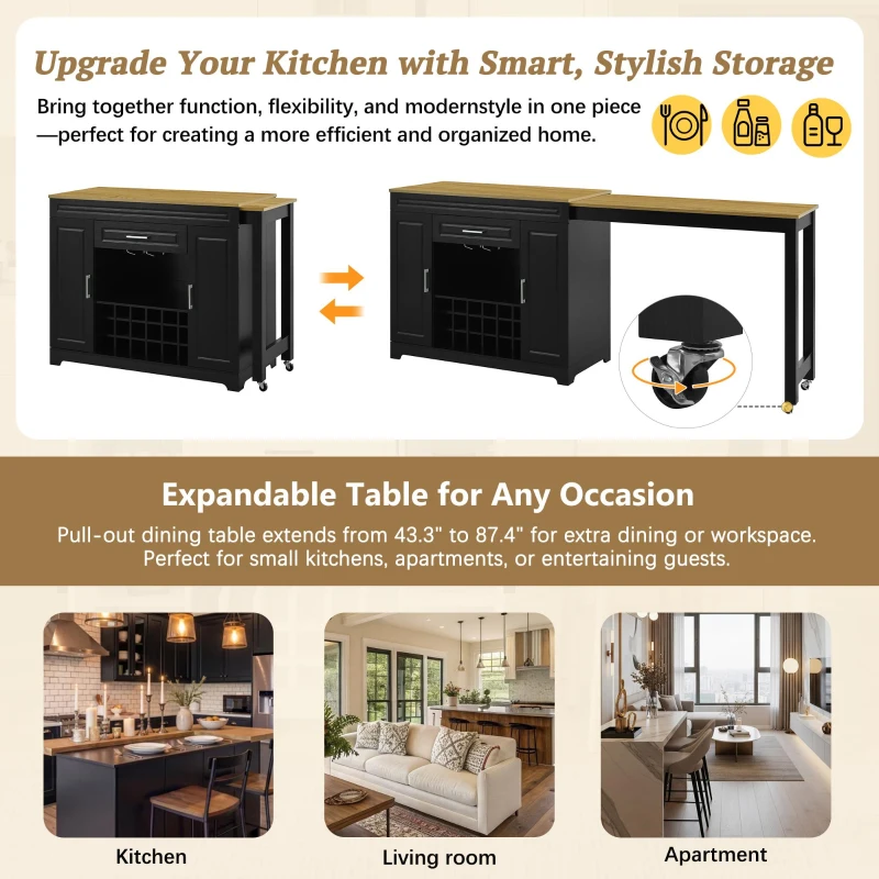 Expandable Bar Table with Adjustable Shelves and Rear Casters, Versatile Kitchen Counter with 2 Doors, 87.5″ L x 19.5″ W x 36″ H, Black+Natural