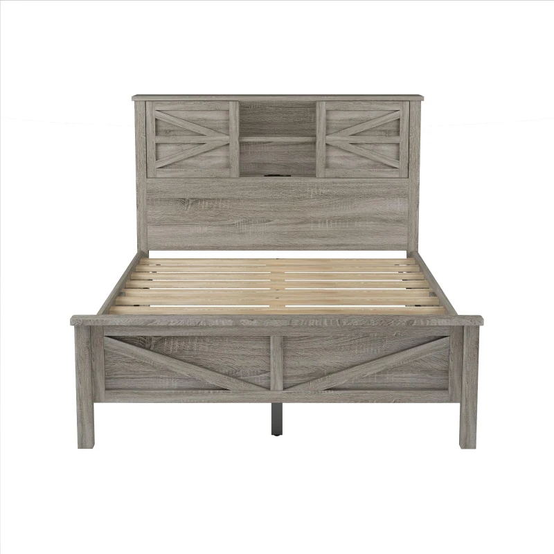 3-Piece Full Size Bedroom Set with Storage Headboard, Farmhouse Platform Bed Set with Charging Station, 83.5" L X 56.5" W X 40.5'' H, Antique Gray
