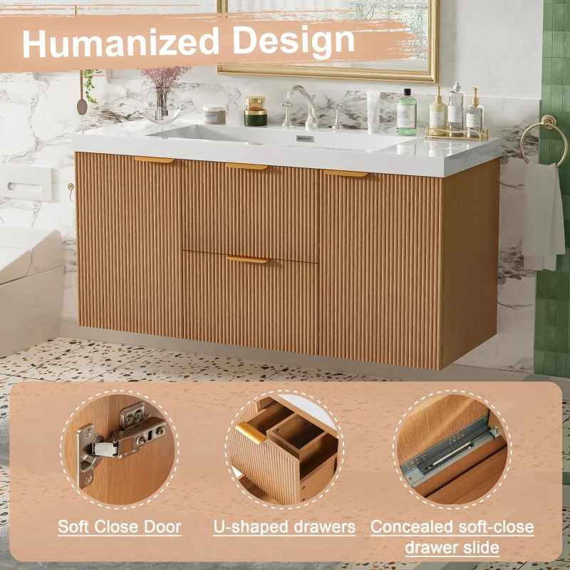 Single Sink Wall-Mounted Bathroom Vanity with SMC Top, Stylish Bathroom Cabinet with U-Shaped Drawers, 47'' L x 19.5'' W x 23.5'' H, Wood