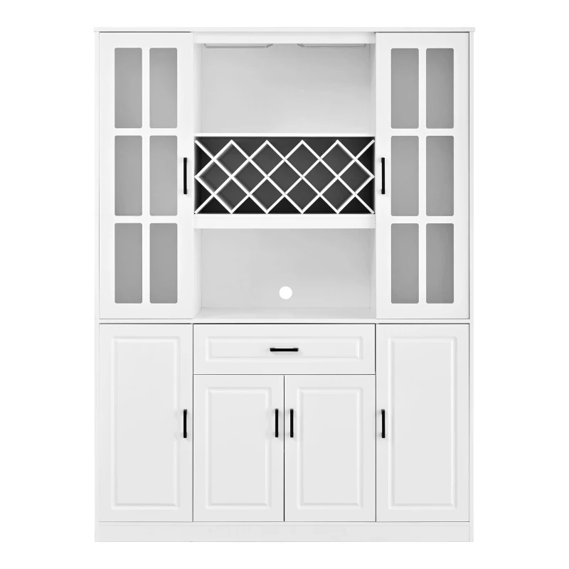Tall Wine Cabinet with Wine Rack and Stemware Holder, 4-Door Storage Cabinet with Semi-Open Shelf, 52" L x 15.5" W x 74" H, White