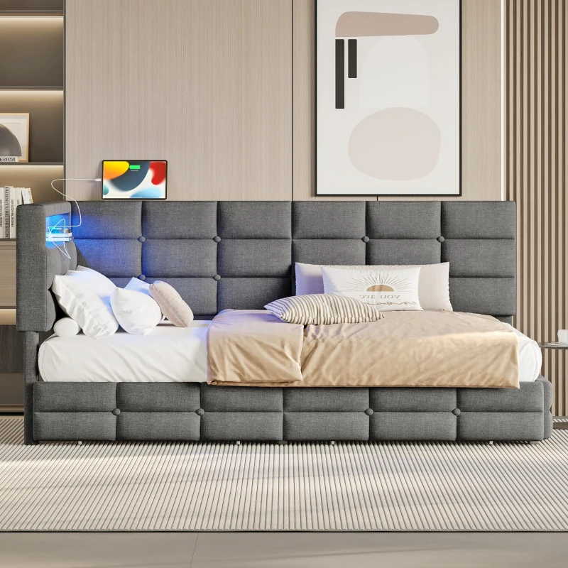 Upholstered Twin Daybed with 2 Drawers and Built-In Charging Station, Multi-Functional Guest Bed with Storage Headboard, 77.5'' L x 39'' W x 35'' H, Gray