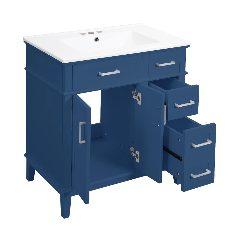 Free-Standing Bathroom Vanity with Ceramic Undermount/Drop-In Sink, Modern Storage Cabinet for Small Condos, 30'' L x 18'' W x 34'' H, Navy Blue