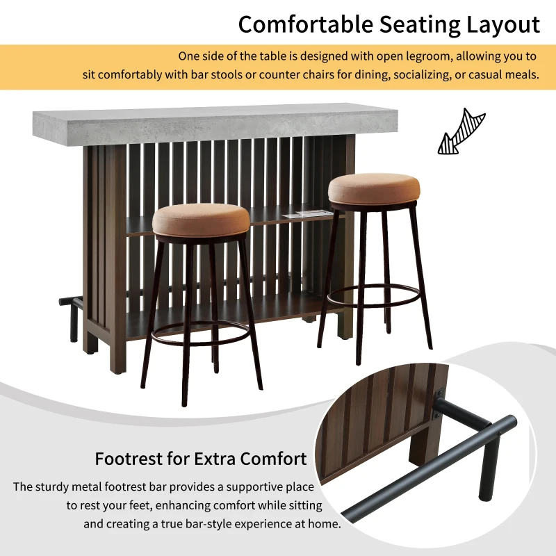 3-In-1 Dining Table with Marble-Grain MDF Top, Space-Saving Bar Table with Metal Footrest, 63" L x 15.5" W x 41" H, Brown