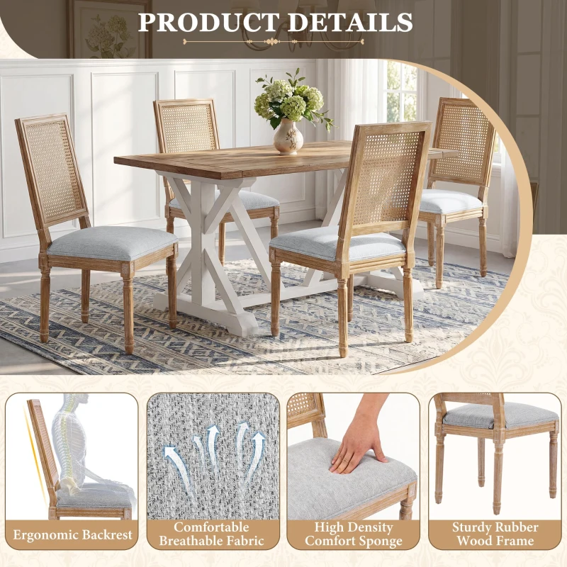 Set for 2 Dining Chair with Rectangular Cane Backrest and Padded Seat, Cane Back Dining Chairs with Fluted Legs, 20'' L x 22'' W x 39.5'' H, Light Grey