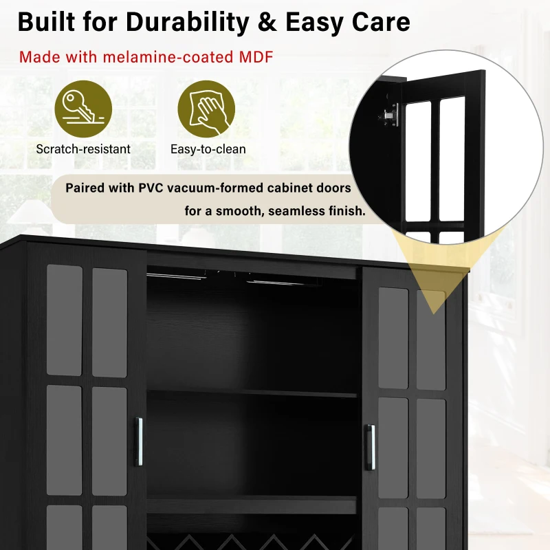 Tall Wine Cabinet with Wine Rack and Stemware Holder, 4-Door Storage Cabinet with Semi-Open Shelf, 52" L x 15.5" W x 74" H, Black