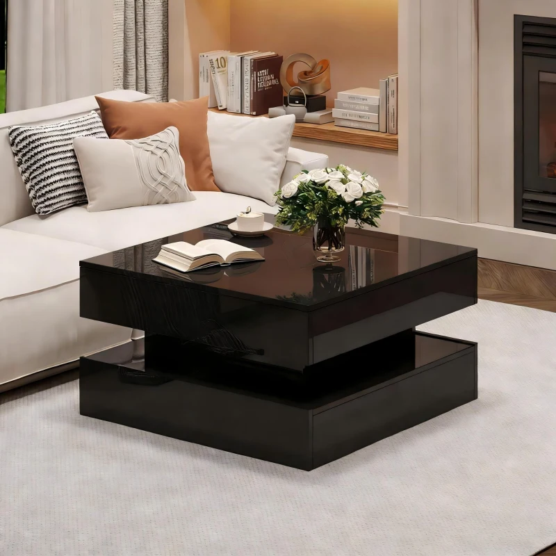 Lift-Top Coffee Table with App-Controlled LED Lighting and Liftable Top, Compact Center Table with 2 Drawers, 25.5" L x 25.5" W x 15" H, Black
