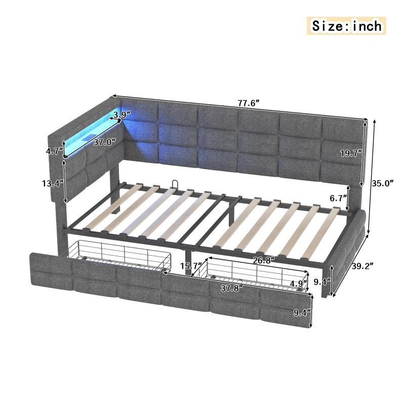 Upholstered Twin Daybed with 2 Drawers and Built-In Charging Station, Multi-Functional Guest Bed with Storage Headboard, 77.5'' L x 39'' W x 35'' H, Gray
