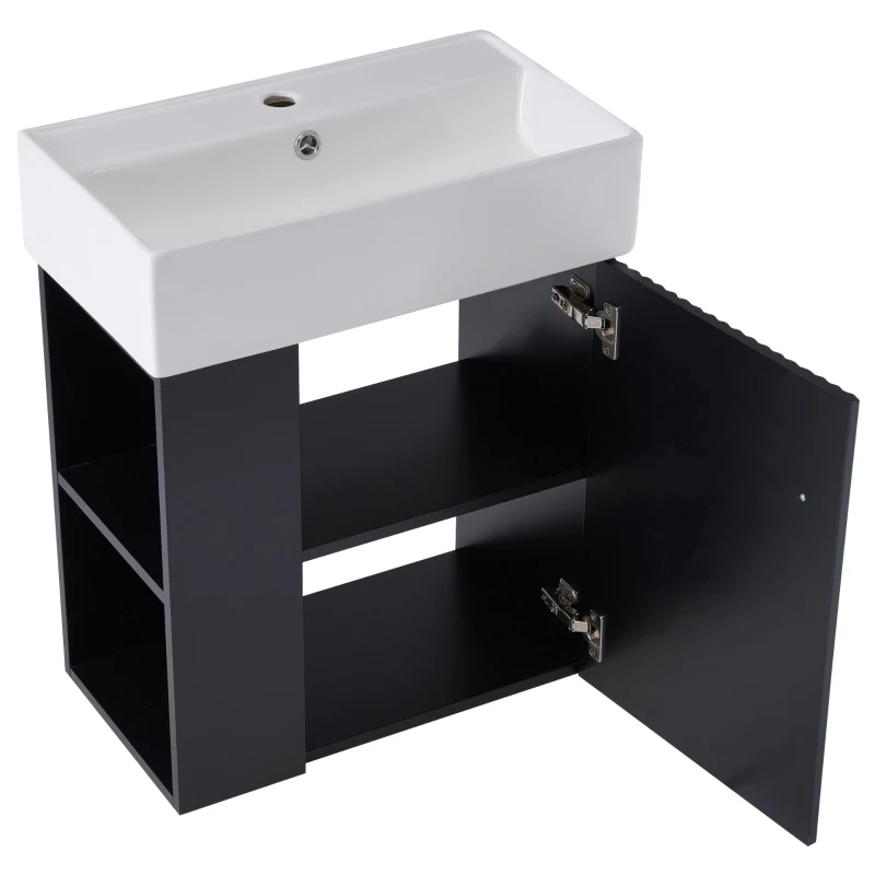 Modern Floating Bathroom Vanity with Ceramic Basin and Side Storage, Cabinet with Rose Golden Handle, 21.5" L x 12" W x 26.5" H, Black