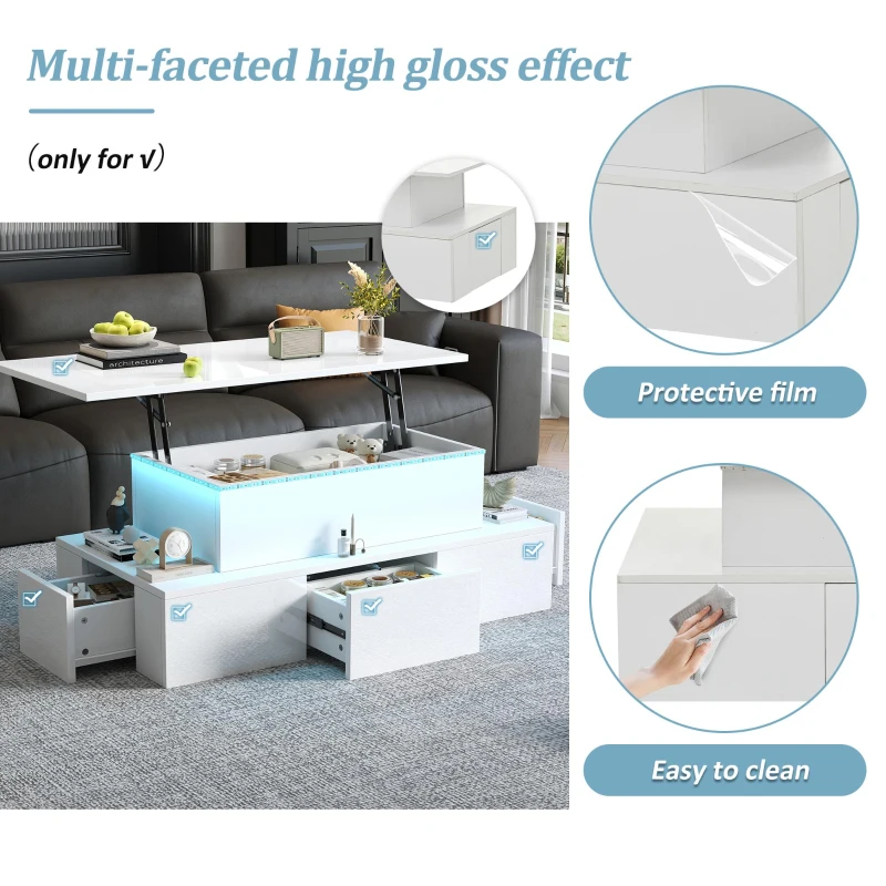 Sleek Lift-Top Coffee Table with Hydraulic Lift and App-Controlled LED Lighting, Versatile Center Table with Hidden Storage, 39.5" L x 19.5" W x 15.5" H, White