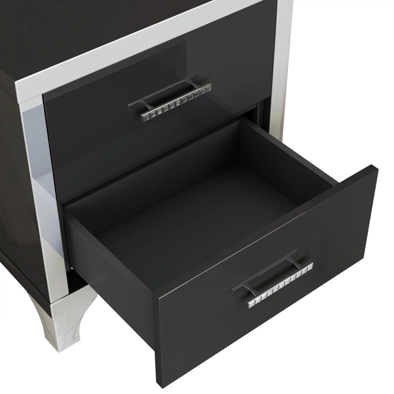 Elegant High Gloss Nightstand with Mirrored Front and 2 Drawers, Stylish Bedside Table for Large Bedrooms, 22.5'' L x 15.5'' W x 23.5'' H, Black