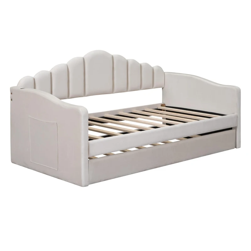 Twin Upholstered Daybed with Trundle and 2 USB Charging Ports, Velvet Sofa Bed with Side Storage Pockets, 80'' L x 42'' W x 40'' H, Beige