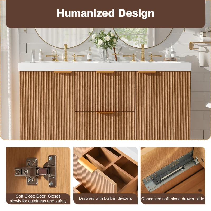 Double Sink Bathroom Vanity with Soft-Close Doors, Wall-Mounted Floating Cabinet with Divided Drawers, 47'' L x 19.5'' W x 23.5'' H, Wood