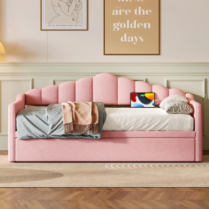 Twin-Size Upholstered Daybed with Height-Adjustable Pop-Up Trundle, Space-Saving Trundle Bed with 2 Side Pockets, 82.5'' L x 41'' W x 40'' H, Pink