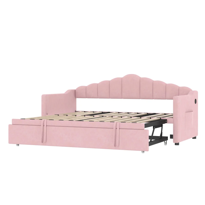 Twin-Size Upholstered Daybed with Height-Adjustable Pop-Up Trundle, Space-Saving Trundle Bed with 2 Side Pockets, 82.5'' L x 41'' W x 40'' H, Pink