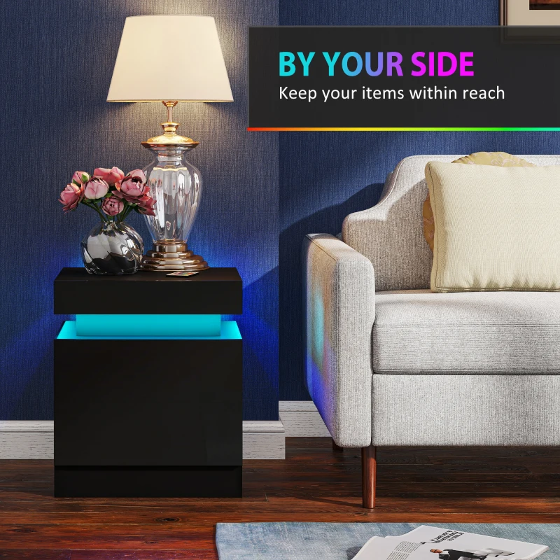 HOMCOM Nightstand Set of 2, End Side Tables with LED Lights, Bedside Tables with 2 Drawers, for Bedroom, Black