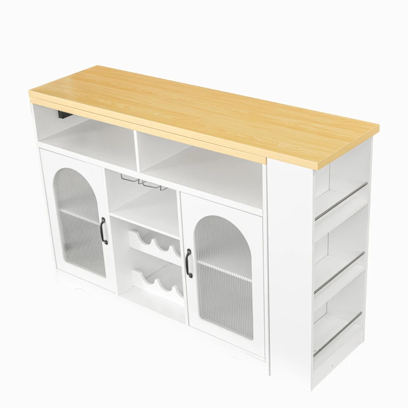 Multifunctional Bar Table with App-Controlled LED Lighting, Stylish Kitchen Island with Extendable Rolling Top, 47" L x 15.5" W x 36.5" H, White+Natural