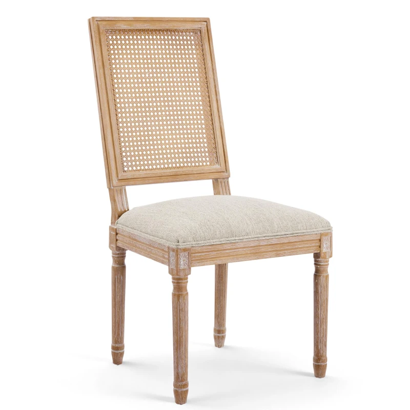 Set of 2 Dining Chairs with Rectangular Cane Backrest and Fluted Legs, Vintage Dining Seating with Rubberwood Frame, 20'' L x 22'' W x 39.5'' H, Beige