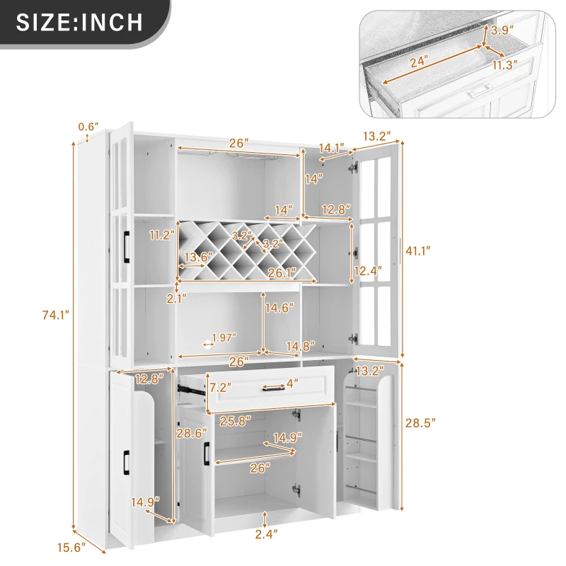 Tall Wine Cabinet with Wine Rack and Stemware Holder, 4-Door Storage Cabinet with Semi-Open Shelf, 52" L x 15.5" W x 74" H, White