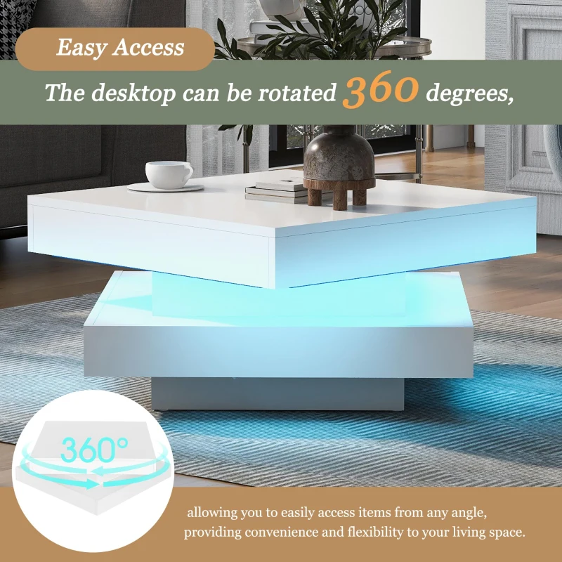 Square High-Gloss Coffee Table with App-Controlled LED Lighting, Modern Center Table with Double-Layer Storage, 27.5" L x 27.5" W x 14" H, White